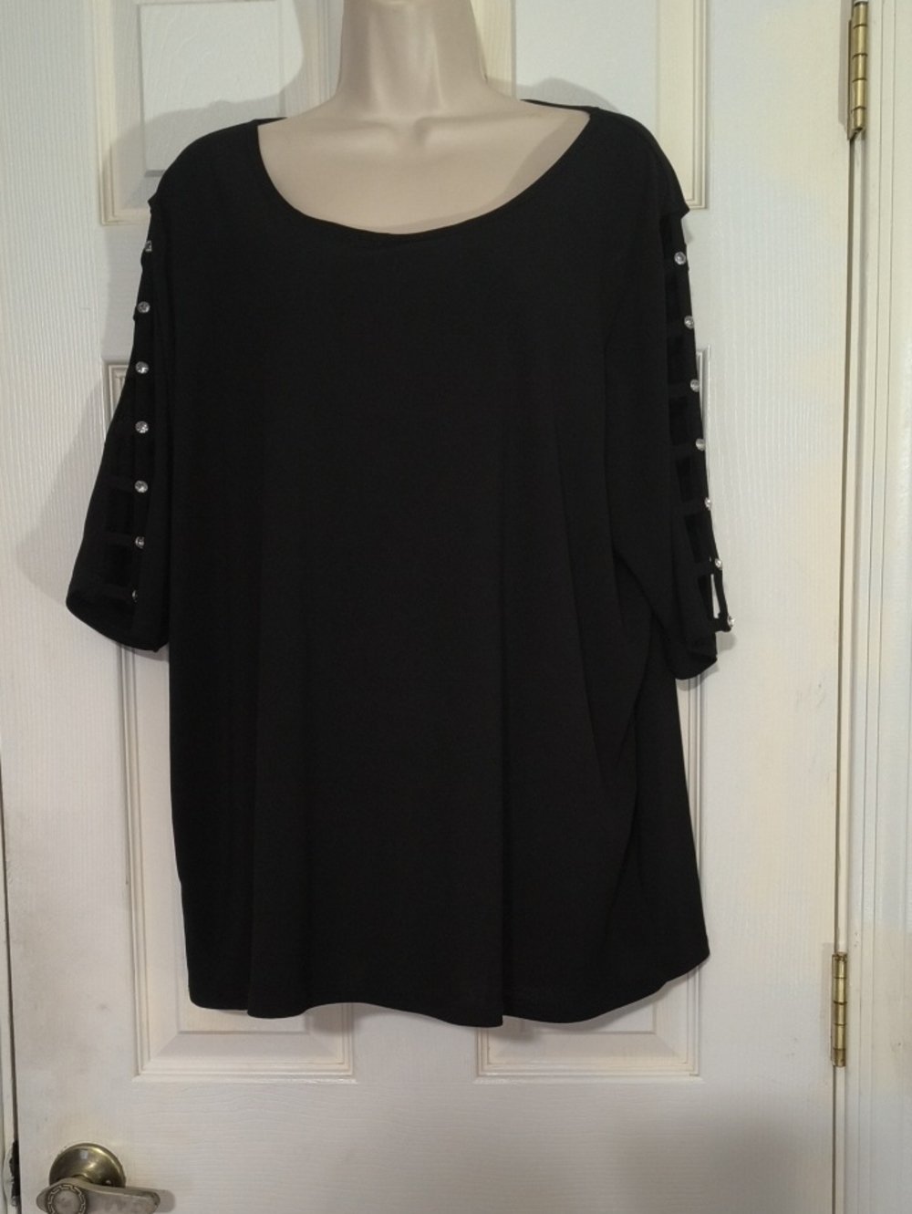 Madison Black Scoop Neck Top with Studded Ladder Sleeve Detail